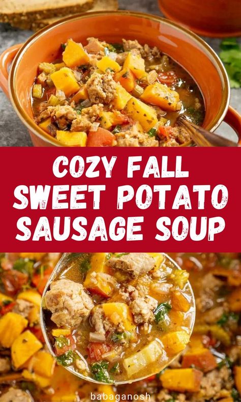 Comforting fall sweet potato and sausage soup. Easy Sausage Soup, Sweet Italian Sausage Soup, Sausage Sweet Potato Recipes, Kid Friendly Soup Recipes, Potato And Sausage Soup, Potato Sausage Soup, Sweet Potato And Sausage, Sweet Potato Sausage, Potatoe Dinner Recipes