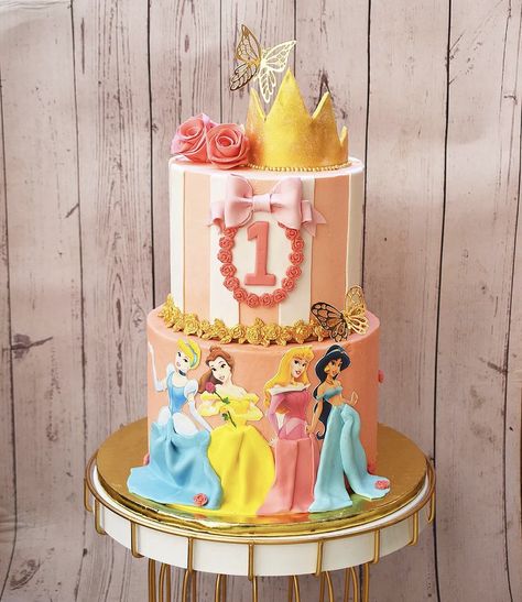 Two Tier Disney Princess Cake, 2 Tier Princess Birthday Cake, Disney Princess Birthday Cakes 2 Tier, 2 Tier Princess Cake, Princess Theme Birthday Cake, Princess First Birthday, Princess Cakes, Theme Birthday Cake, Disney Princess Cake