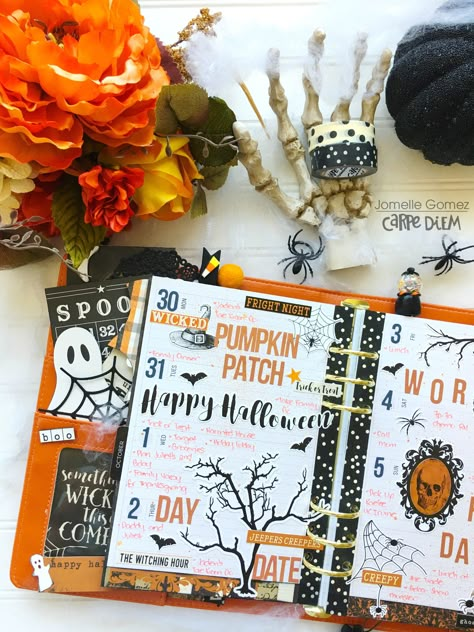 Spooky Halloween Planner Set Up - Scrapbook.com Happy Planner Halloween Layout, Halloween Planner Ideas, Halloween Planner Layout, October Daily Scrapbook, Halloween Scrapbook Ideas, Planner Decorating Inspiration, Happy Planner Halloween, Halloween Scrapbook Layouts, Micro Planner