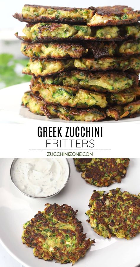 Greek zucchini fritters recipe by Zucchini Zone. Greek zucchini fritters, or kolokithokeftedes, are made with shredded zucchini, fresh herbs, and feta cheese. Bursting with fresh summer flavor, they make the perfect appetizer served with tzatziki sauce or yogurt. #greekzucchinifritters #zucchinifritters #greekfritters #kolokithokeftedes #appetizer #summer Zucchini Feta Recipes, Zucchini With Feta Cheese, Greek Zucchini Fritters, Stovetop Zucchini, Zucchini Appetizers, Appetizer Summer, Shredded Zucchini Recipes, Greek Zucchini, Zucchini Desserts