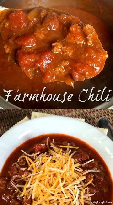 Collage of hearty Farmhouse Style Chili in a pot on a spoon and in a white bowl with cheese. Chili Recipe With Tomato Juice, Stove Top Chili Recipe, Meaty Chili Recipe, Stove Top Chili, Stovetop Chili Recipe, Mild Chili Recipe, Easy Homemade Chili Recipe, Unique Chili, Recipe Using Tomatoes