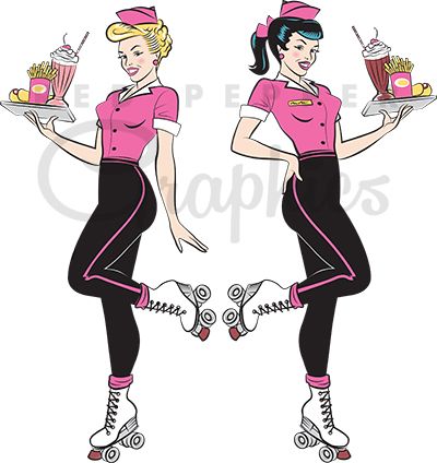 Fifties diner waitress on roller skates 1950s Diner Waitress, Diner Waitress, Diner Character Design, 90s Diner Waitress, 50s Diner Waitress Roller Skating, Car Hop, 1950s Diner, 50s Diner, Vintage Diner