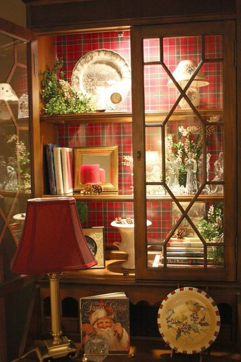 Beautiful way to temporarily decorate a hutch or bookcase for Christmas using wrapping paper as a backdrop and inside lighting Tartan Christmas, Classic Lighting, Diy Desk, Christmas Inspiration, Tartan Plaid, Traditional Decor, Hutch, Christmas Decorating, Wonderful Time Of The Year