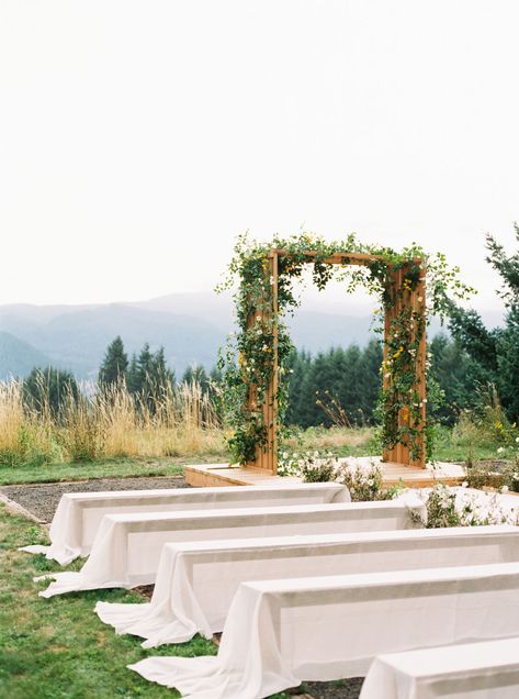 Wedding Bench Decor, Ceremony Benches, Hart Floral, Wedding Bench, Wedding Ceremony Decorations Outdoor, Erich Mcvey, Themed Wedding Decorations, Hood River Oregon, Romantic Rustic Wedding