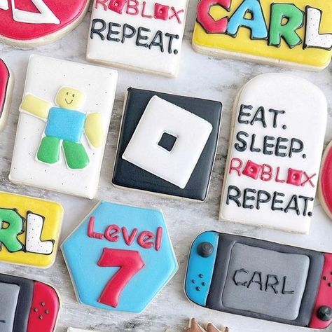 Erica on Instagram: "Eat. Sleep. Roblox. Repeat. That’s basically how it is in our house, too! 😂😂 #robloxcookies #nintendocookies #nintendoswitchcookies #gamercookies #videogamecookies #computercookies #birthdaycookies #birthdayboycookies #birthdaypartyideas #boycookies #decoratedcookies #royalicingcookies #ohiocookier #ohiobaker #ohiobakery #mamamungaibakes" Roblox Cookies Decorated, Roblox Cookies, Eat Sleep Roblox Repeat, Computer Cookies, Roblox Party, Roblox Birthday, Cookies Decorated, Iced Cookies, Birthday Cookies