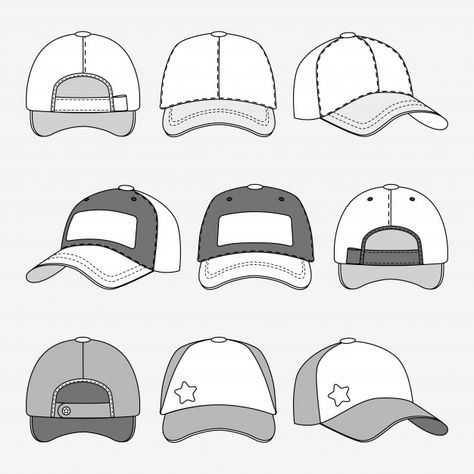 Baseball cap front back and side view outline vector. template of caps, illustration of cap for spor Premium Vector Trucker Hat Drawing, Hat Drawing Reference, Cap Drawing, Hat Drawing, Fashion Design Template, Fashion Drawing Sketches, Clothing Sketches, Vector Template, Fashion Design Drawings