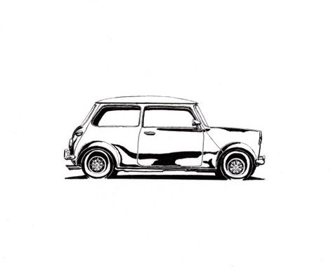 Classic Mini Cooper drawing sketch art hot rod vintage classic car cars racing illustration Classic Mini Tattoo, Small Car Drawing, Mini Cooper Tattoo, Vintage Car Tattoo, Mini Cooper Drawing, Mini Cooper Sketch, Racing Illustration, Mini Cooper Blueprint, Hot Rod Art