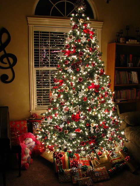 Christmas tree with red decorations and white lights - Beautiful combination Ideas Decoracion Navidad, Elegant Christmas Trees, O Christmas Tree, Oh Christmas Tree, Beautiful Christmas Trees, White Lights, I Love Christmas, Noel Christmas, Christmas Tree Ideas