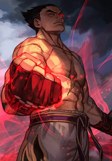 Click Burgundy, Tekken Fanart, Tekken Wallpaper, Kazuya Mishima, Male Pants, Muscular Male, Tekken 8, Spiky Hair, Red Gloves