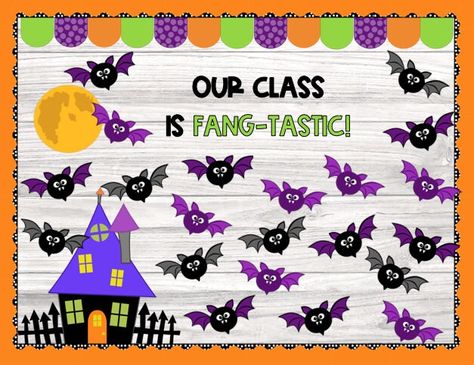 This adorable Bat Themed Halloween bulletin board is a must for the Halloween season! This Halloween bulletin board is so cute and requires very little work. It comes with 3 cute bat designs, full moon, haunted house, 2 sayings (solid and outlined for each), 3 different buntings, and border. This bulletin board is so simple to put together and will save you so much time! With a super cute design, your students and parents will all love this board! Easy to Assemble Super cute! 3 cute bat designs Bat Themed Bulletin Boards, October School Bulletin Board Ideas, Oct Bulletin Board Ideas, Vampire Bulletin Board, 2nd Grade Fall Bulletin Board Ideas, Prek Halloween Bulletin Boards, Witch Bulletin Board Ideas, Bat Bulletin Board Ideas, Bat Classroom Door