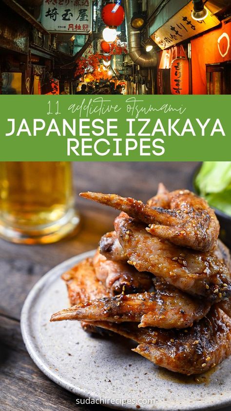 A street of Japanese Japanese izakaya bars above a picture of Nagoya style chicken wings "tebasaki" Asian Food Bar Ideas, Japanese Tapas Dishes, Japanese Izakaya Food, Japanese Finger Food, Tapas At Home, Japanese Appetizer, Izakaya Food, Japanese Tapas, Japanese Appetizers