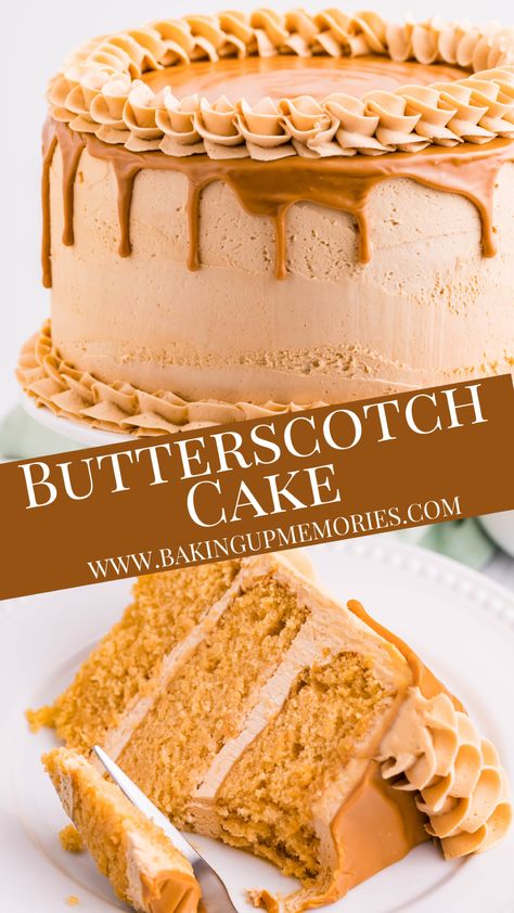 This Easy Butterscotch Cake is a super decadent cake topped with the most amazing butterscotch buttercream flavored with melted butterscotch chips! Did I mention the butterscotch drip?! #easycakerecipes #easyrecipes #butterscotchcakerecipe #cakerecipes #layercakerecipes #layercakes #baking #butterscotchcakedesign #bakingrecipes Butterscotch Banana Cake, Salted Caramel Butterscotch Cake, Easy Butterscotch Cake, Butterscotch Layer Cake, Butterscotch Birthday Cake, Butterscotch Buttercream Frosting, Caramel Butterscotch Cake, Pumpkin Butterscotch Cake, Butterscotch Dessert Recipes