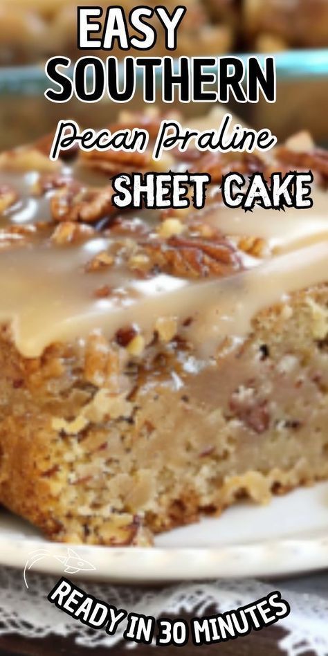 Easy Southern Pecan Praline Sheet Cake – a decadent dessert that embodies the rich flavors and warm hospitality of Southern cuisine. Picture a moist and tender cake infused with the sweet aroma of pecans, topped with a luscious praline frosting that melts in your mouth Sheet Pan Cakes, Praline Sheet Cake, Pecan Praline Cheesecake, Southern Pecan Praline Cake, Praline Frosting, Sheet Pan Cake, Roll Desserts, Pecan Praline Cake, Slab Cake