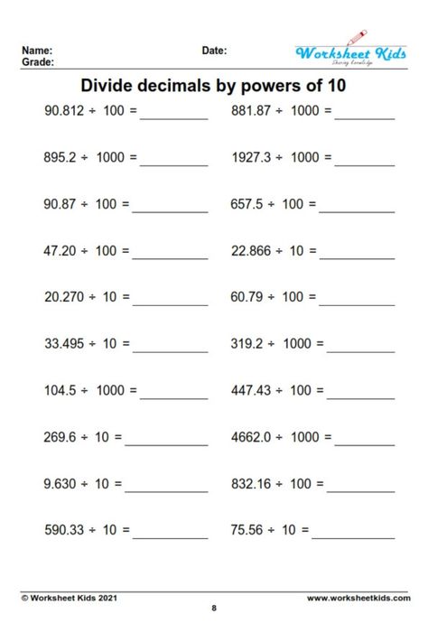 Dividing Decimals By Powers Of 10, Division Decimals Worksheet, Division Of Decimals Worksheets, Multiplying And Dividing By Powers Of 10, Decimal Division Worksheet, Dividing Decimals By Whole Numbers, Multiplying Decimals By 10 100 1000, Multiplying And Dividing Decimals By 10 100 1000, Decimal Worksheets For 4th Grade