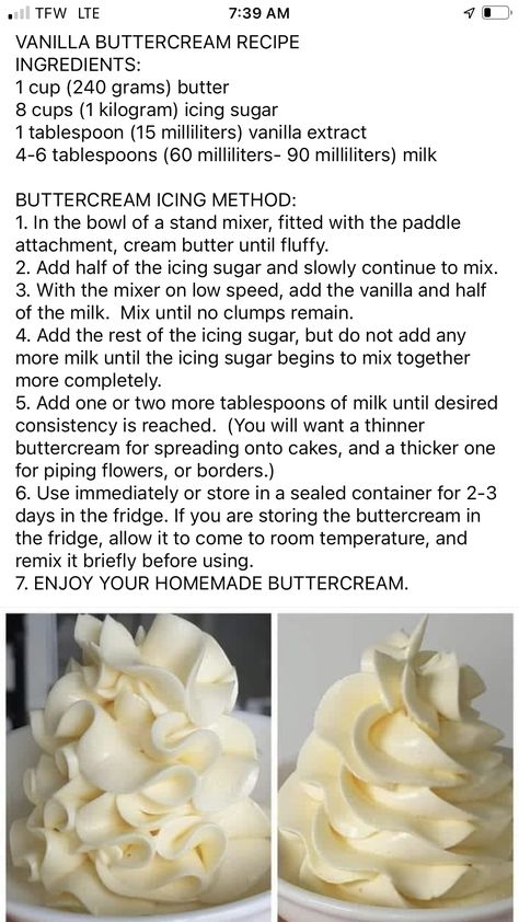 Buttercream Icing Recipe, Frosting Recipes Easy, Buttercream Recipe, Easy Baking Recipes Desserts, Buttercream Icing, Tasty Baking, Icing Recipe, Food Recepie, Baking Sweets