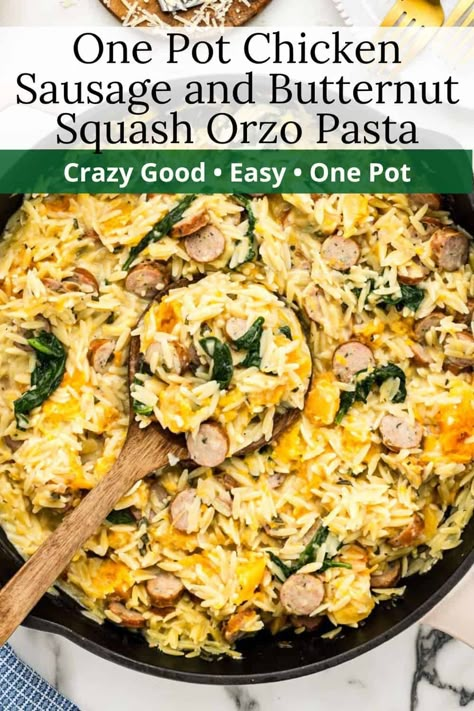 Got 20 minutes? You can whip up this One Pot Chicken Sausage and Butternut Squash Orzo Pasta Recipe! It's super easy, packed with veggies, and comes together in just one pot—less mess, more flavor. The mix of butternut squash, sage, and savory chicken sausage is the perfect combo for a hearty meal, especially on those busy nights when you need something quick and tasty. Butternut Chicken Recipe, Orzo Chicken Sausage, Chicken Butternut Squash Orzo, Butternut Squash Orzo, Chicken Sausage And Butternut Squash, Butternut Squash Sausage Orzo, Butternut Squash Pasta With Sausage, Butternut Squash Chicken Sausage, Pasta Butternut Squash Sausage