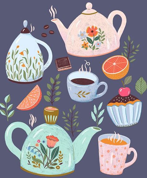 Tea Pot Illustration, Watercolor Teacup, Tea Illustration, Applique Templates, Bar Art, Tea Art, Cups And Saucers, Cool Stickers, Book Illustration