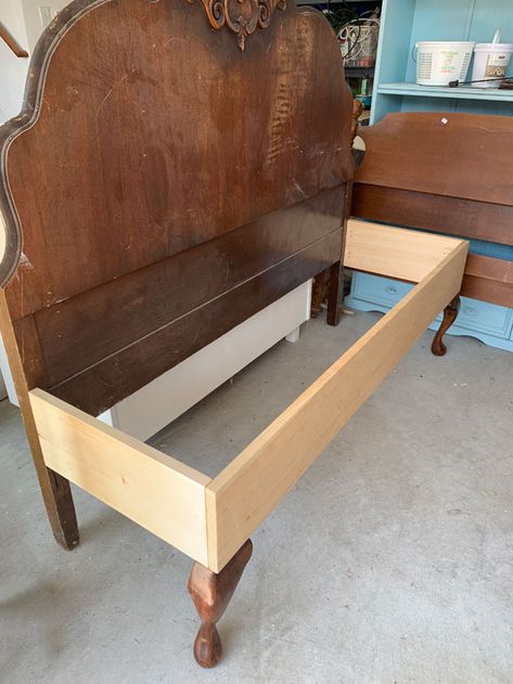 Turn A Headboard Into A Bench, Bed Headboard Bench, Headboard Furniture Flip, Headboard Turned Into Bench, How To Make A Bench Out Of A Headboard, Diy Bench From Headboard, Headboard Upcycle Repurposed, Repurposed King Headboard Ideas, Benches From Headboards