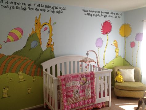 Husband, Todd painted Dr. Seuss' room for our daughter. Lorax Nursery, Dr Seuss Mural, Dr Suess Nursery, Dr Seuss Nursery, Nursery Themes Neutral, Book Nursery, Dr. Seuss, Baby Nursery Themes, Nursery Mural