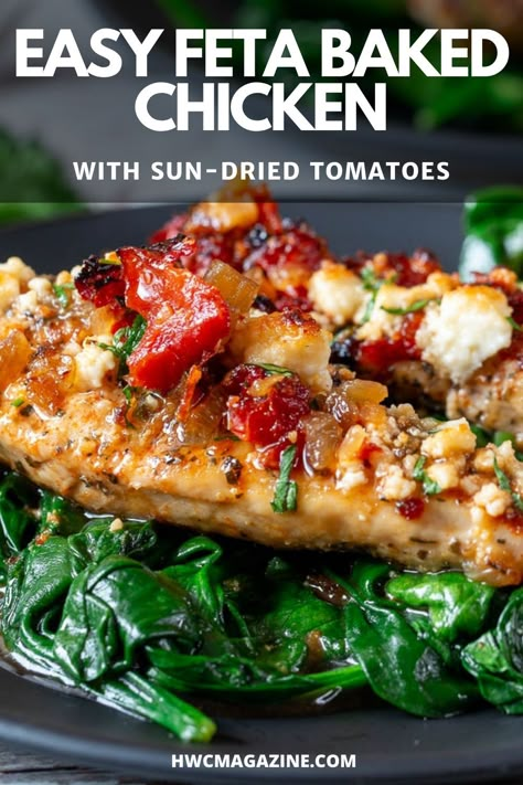 Feta Baked Chicken with Sun-Dried Tomatoes is an easy Greek one pan dinner with juicy chicken, feta cheese and ready in under 30 minutes. #HWCMagazine #chicken #greekrecipe #onepot #sundriedtomatoes #feta #easydinner #chickendinner / https://www.hwcmagazine.com Mediterannean Dinner Recipes, Balsamic Feta Chicken, Baked Mushroom Chicken Clean Food Crush, Chicken With Feta And Spinach, Weeknight Dinner Mediterranean, Feta Baked Chicken With Sun Dried Tomatoes, Baked Feta Chicken Recipes, Rotisserie Chicken Feta Recipes, Chicken Thigh Sun Dried Tomatoes Recipes