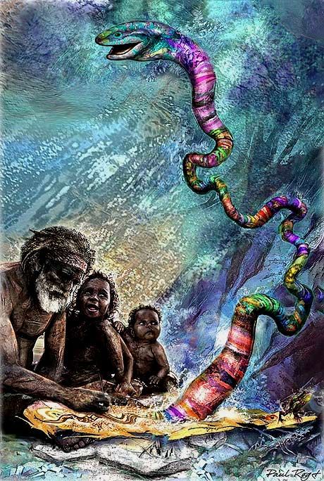 painting of the Rainbow Serpent with aboriginals of Australia Rainbow Serpent Art, The Rainbow Serpent, Rainbow Serpent Aboriginal, Daycare Mural, Aboriginal Mythology, Aboriginal Dreamtime, African Traditional Religions, Snake Painting, Rainbow Snake