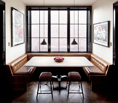 modern industrial eating area with black framed windows mirrored by black frames on doors  art, leather banquettes, herringbone wood floors via YHBHS on Flickr Banquette Seating Restaurant, Restaurant Booth Seating, Kitchen Booths, Leather Banquette, Dining Booth, Restaurant Booth, Banquet Seating, Kitchen Banquette, Booth Seating