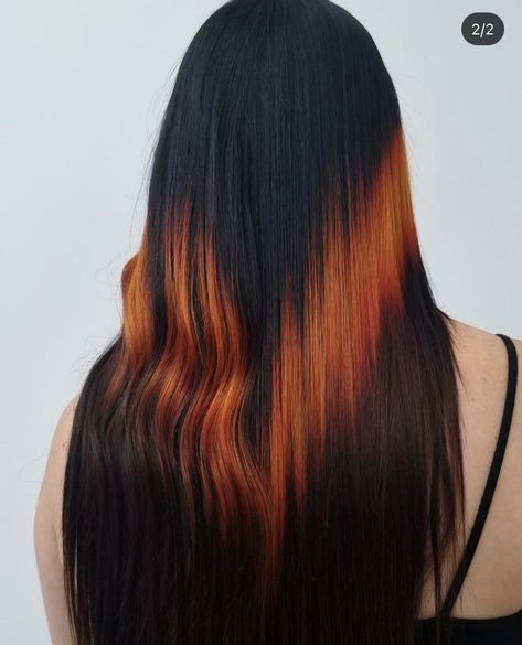 Black To Copper Ombre, Colored Ends Hair, Brown Hair Orange Tips, Shine Line Hair, Black And Ginger Hair, Copper And Black Hair, Orange And Brown Hair, Unusual Hairstyles, Black To Blonde Hair