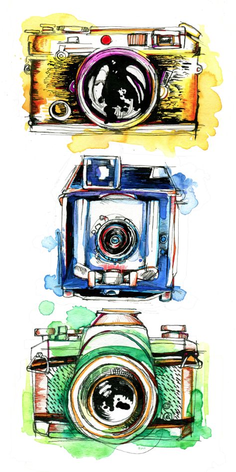 Linhof, Yashica, and Leica. I love drawing cameras- these little devices have so much personality. Vintage Cameras Art, Fotocamere Vintage, Camera Drawing, Camera Art, Old Camera, Vintage Cameras, Vintage Camera, Love Drawings, Art Paint