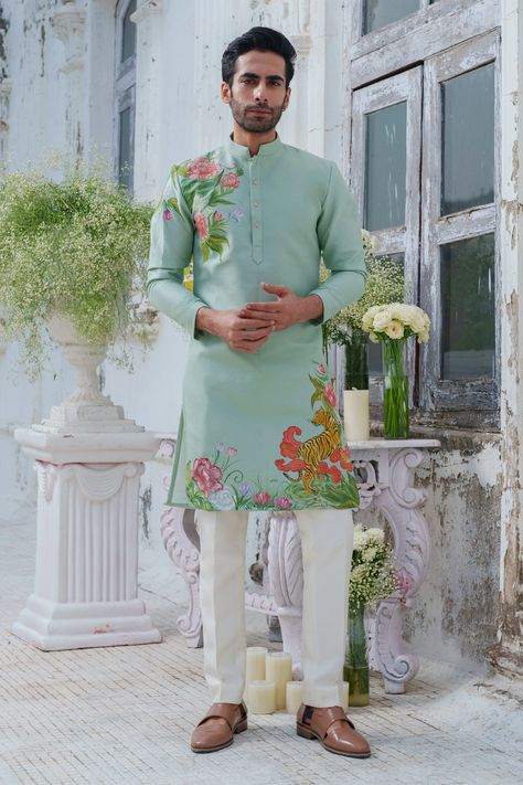 Buy Green Cotton Blend Hand Paint Wild Blossom Kurta With Trouser For Men by Amrit Dawani Online at Aza Fashions. Hand Painted Gents Kurta, Hand Paint Kurta For Men, Painted Kurta For Men, Painting On Kurta For Men, Hand Painted Kurta For Men, Floral Kurta For Men, Kalamkari Kurta, Kurta Designs Men's, Organza Kurta