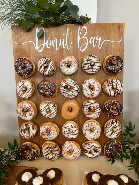 My husband made this donut holder for a mother~ son event I hosted! It was a hit!😊🍩🍩🍩 Donut Holder For Party, Donut Buffet Table, Wooden Donut Stand, Donut Presentation Ideas, Wedding Doughnut Wall, Donut Bar Birthday, Donut Stand Display, Donut Holder Stand, Donut Rack