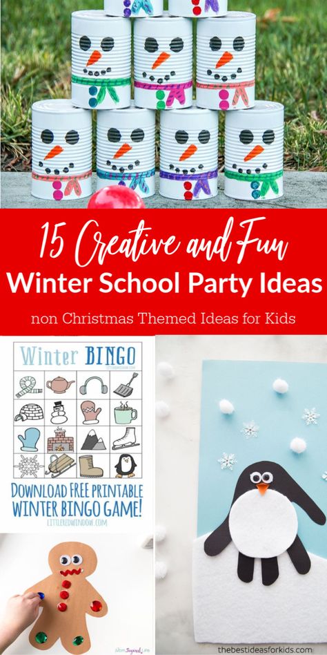 Check out these winter class party ideas that are not Christmas themed. Snowflakes, snowman, penguins and more. Fun party ideas for kids. #party #ideas #winter #non #christmas #holiday #forkids #printables #games #crafts Winter Holiday Classroom Party Ideas, Winter Holiday Classroom Activities, Class Holiday Party Ideas Kindergarten, Winter Theme School Party, Kindergarten Winter Class Party, Christmas Parents Night Out Ideas, Class Holiday Party Crafts, Winter Games For Classroom, Winter Party School Ideas