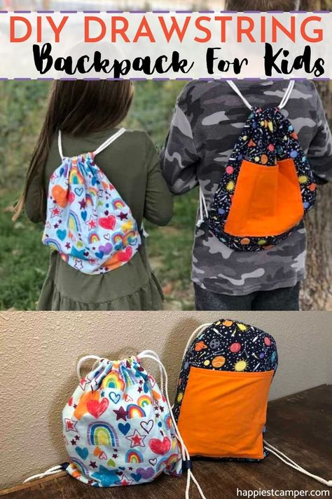 Diy Drawstring Backpack, Drawstring Backpack Tutorial, Kids Drawstring, Diy Fabric Crafts, Sewing To Sell, Diy Backpack, Simple Backpack, Work Diy, Sewing Projects For Beginners