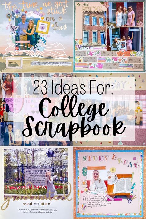 I love all these ideas so much for my college scrapbook I am working on! I have so many scrapbook layouts I am working on. This is amazing!! College Scrapbook Layouts, University Scrapbook Ideas, Scrapbook College Ideas, College Graduation Scrapbook Layouts, College Scrapbook Ideas Layout, High School Scrapbook Ideas Layout, Senior Journal Ideas, Scrapbook Ideas College, Aesthetic Scrapbook Ideas Layouts