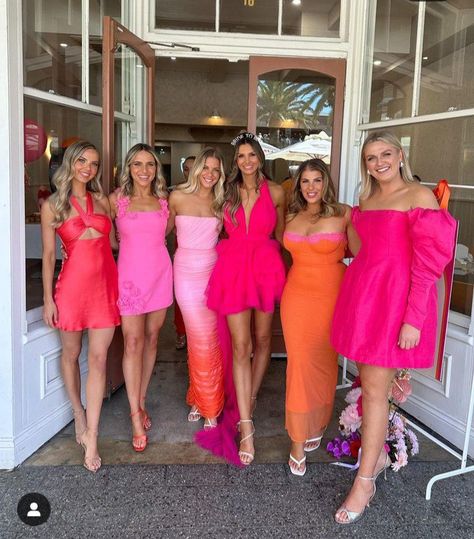 Pink Orange Bachelorette Outfits, Pink And Orange Bachelorette Party Theme, Bridal Shower Orange And Pink, Pink And Orange Bachelorette Outfits, Orange And Pink Wedding Theme, Pink And Orange Bachelorette Party, Diner Outfits, Clean Outfits, Hens Weekend