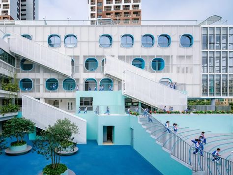 Fuqiang school given blue-toned makeover by People's Architecture Office Blue Facade, Outdoor Learning Spaces, Henning Larsen, Modular Housing, Open Architecture, Small Terrace, New Classroom, Outdoor Learning, School Building