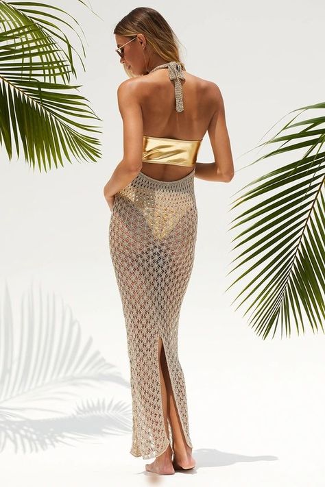 Shining Sands Gold Metallic Crochet Halter Maxi Swim Cover-Up | Lulus (US) Gold Cover Up, Metallic Crochet, Mesh Cover Up, Crochet Swim, Trendy Crochet, Lulu Fashion, Crochet Halter, Halter Maxi, Sparkling Water