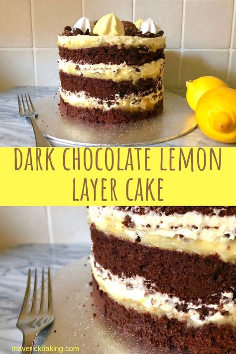 Layers of moist dark chocolate cake, lemon curd, chocolate crumbs and marshmallow frosting! Lemon Chocolate Cake Recipe, Chocolate And Lemon Cake, Lemon Cake Chocolate Frosting, Lemon Cake With Chocolate Frosting, Lemon Chocolate Desserts, Lemon Chocolate Cake, Chocolate Lemon Cake, Moist Dark Chocolate Cake, Hershey Recipes