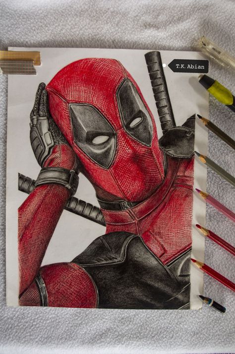 All Avengers Drawing, Deadpool Watercolor, Deadpool Painting, Drawing Deadpool, Deadpool Sketch, Deadpool Drawing, Colored Drawings, Hard Drawings, Marvel Art Drawings