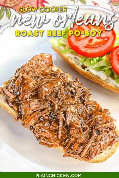 Slow Cooker New Orleans Roast Beef Po-Boy - inspired by our meal at Felix's in New Orleans. Slow cooked pot roast seasoned with cajun seasoning and simmered in an easy gravy. Only 5 ingredients - chuck roast, gravy mix, beef broth, cajun seasoning, and cornstarch. Can serve as a sandwich or over rice, noodles or mashed potatoes. This stuff is SO good!! Better than the original! #slowcooker #crockpot #potroast #neworleans #poboy #sandwich Beef Broth Gravy, Pot Roast Seasoning, Slow Cooker Roast Beef, Mardi Gras Food, Roast Beef Sandwiches, Slow Cooker Roast, Cajun Cooking, Roast Beef Recipes, Plain Chicken