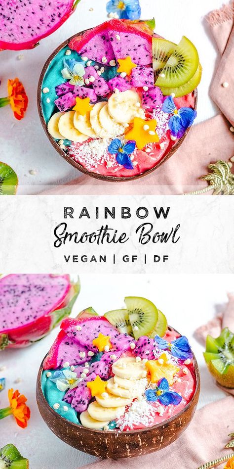 Smoothie Bowl Tropical, Colorful Smoothie Bowls, Rainbow Smoothie Bowl, Blue Acai Bowl Recipe, Fruit Power Bowls, Blue Smoothie Bowl Recipe, Blue Majik Smoothie Bowl, Rainbow Bowl Recipe, Smoothie Bowl Toppings Ideas