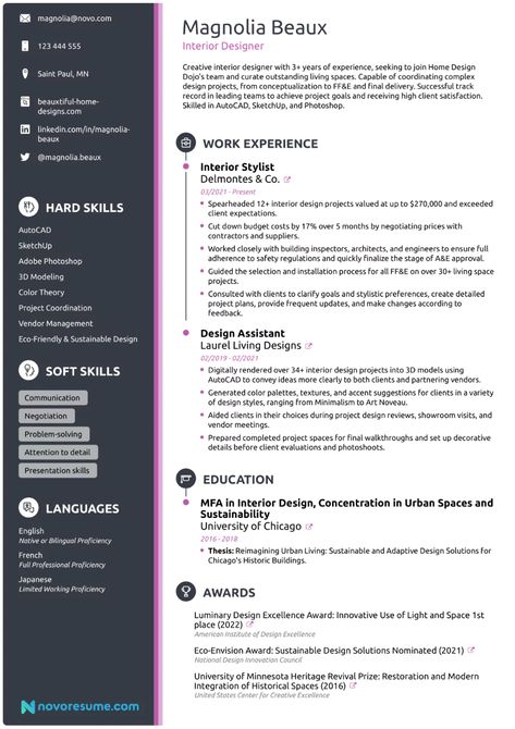 Interior Designer Resume Example [Guide + Templates for 2024] Interior Designer Resume, Interior Design Resume, Perfect Resume Example, Designer Resume, Design Resume, Writing A Cover Letter, Resume Objective, Principles Of Design, Inspirational Design