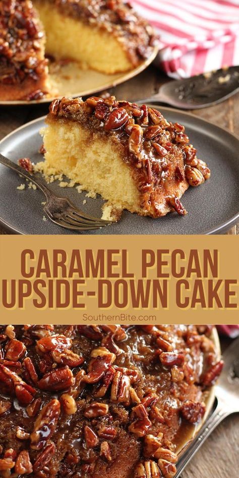 Thanksgiving Pecan Cake, Pecan Spice Cake, Pecan Baked Goods, Caramel Pecan Cake, Cake With Pecan Topping, Pecan Upside Down, Upside Down Cakes Easy, Home Cake Ideas, Pecan Caramel Cake