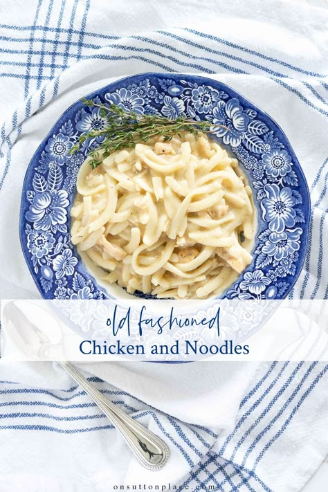 This chicken and noodles recipe is so easy. You can make it at the last minute, and it tastes like you've been cooking all day! It calls for simple ingredients, and no cream of chicken soup is used. Chicken And Noodles Recipe Easy, Reames Chicken And Noodles, Homemade Chicken And Noodles, Easy Chicken And Noodles, Chicken And Noodles Recipe, Crockpot Chicken And Noodles, Chicken And Noodles, Food On A Budget, Good Meals