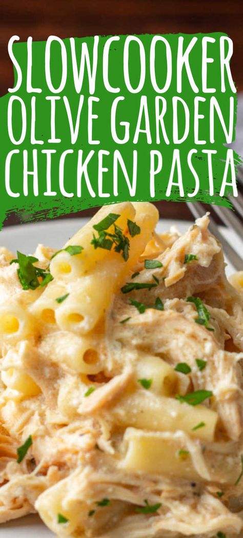 Chicken breasts cooked with Olive Garden Italian dressing (or your favorite dressing), parmesan cheese, cream cheese, salt and pepper cooked in the slow cooker. Once done mixed with pasta and more parmesan cheese for a creamy Italian chicken recipe that is perfect for dinner! Creamy Italian Chicken Pasta, Olive Garden Chicken Pasta, Olive Garden Chicken, Italian Dressing Recipes, Italian Chicken Pasta, Creamy Italian Chicken, Chicken Breast Crockpot Recipes, Crockpot Pasta, Olive Garden Recipes