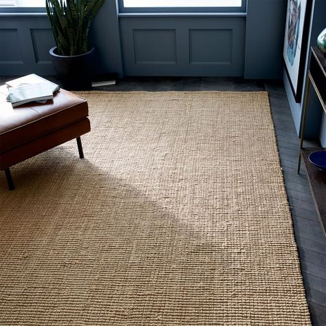 Living Room In Kitchen, Hessian Rug, Cottage Area Rugs, Boucle Rug, West Elm Dining Room, Lounge Vibes, Scotland Street, Dark Blue Trim, Jute Rug Living Room