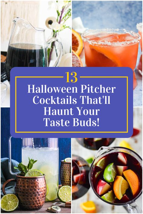 Collage of 4 halloween pitcher cocktails. Coktail Halloween, Cocktail Recipes Pitcher, Halloween Cocktails Punch, Pitcher Cocktail Recipes, Halloween Party Drinks Alcohol, Movie Cocktails, Halloween Whiskey, Easy Halloween Cocktails, Drinks Stand