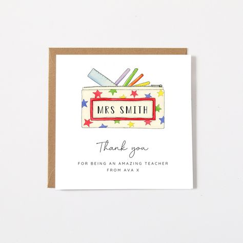 Personalised Teacher Thank You Cards - Teacher Card - Tutor Card - Teaching Assistant School Card, Teacher Thank You Cards, Watercolour And Ink, Teaching Assistant, 1st Day Of School, Teacher Thank You, 1st Day, Teacher Name, Red Envelope