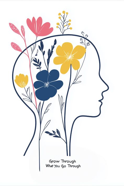 🌿✨ Transform your fashion and home decor with this minimalist illustration! Featuring a head silhouette filled with flowers in vibrant yellow and blue on a white background, it showcases the motivational phrase "Grow through what you go through." Ideal for modern, uplifting decor or apparel! 
#PositiveVibes #MinimalistArt #InspirationalDesign #FloralIllustration #MotivationalQuotes #ModernHomeDecor #SimpleArt #YellowAndBlue #PositiveFashion #MentalHealthArt #GrowThroughIt #ModernIllustration Grow Through What You Go Through, Head Illustration, Head Silhouette, Flowers Growing, Minimalist Illustration, Floral Illustration, Motivational Phrases, Yellow And Blue, Floral Illustrations