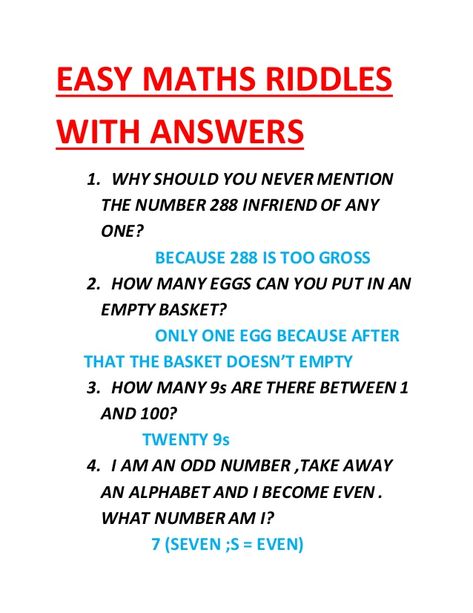 Easy maths riddles with answers Maths Riddles With Answers, Math Humor Funny, Kids Riddles With Answers, Maths Riddles, Word Puzzles Brain Teasers, Math Riddles With Answers, Math Riddles Brain Teasers, Brain Math, Easy Math Worksheets