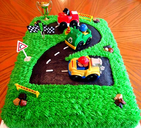 Number 2 race track cake Number Cake For Boys, 2nd Birthday Cake Boy, Race Track Cake, Birthday Cupcakes Boy, Toddler Birthday Cakes, Cars Birthday Cake, Cake Kids, Race Car Birthday Party, Boy Birthday Party Themes